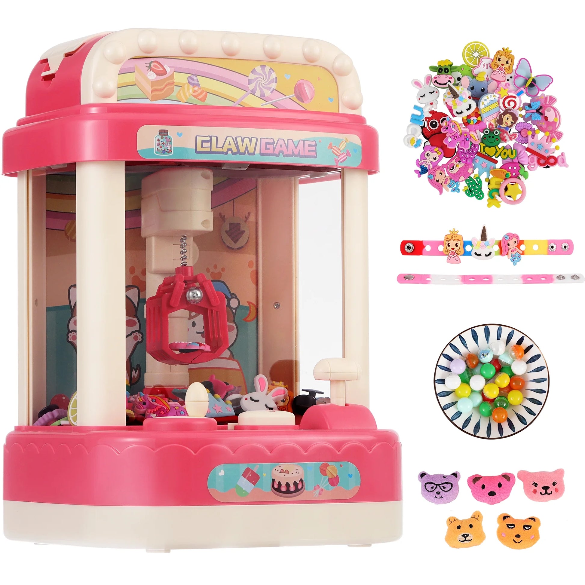 Arcade Claw Machine Candy Crane Game Toy for Kids with Prizes Set - 50 Mini Toys Refill Prizes for Birthday (Pink)