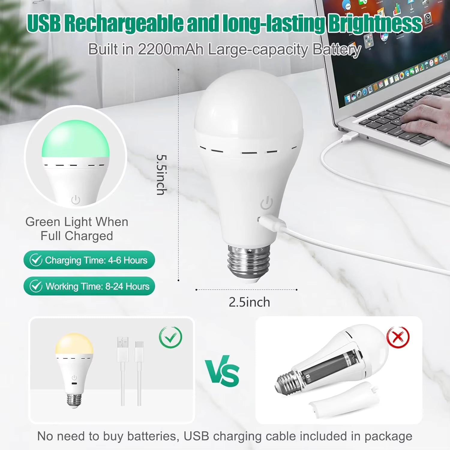 Rechargeable Light Bulbs with Remote Control, E27 Cordless Battery Operated Light Bulb for Lamps,2200Mah/Dimmable/Timer